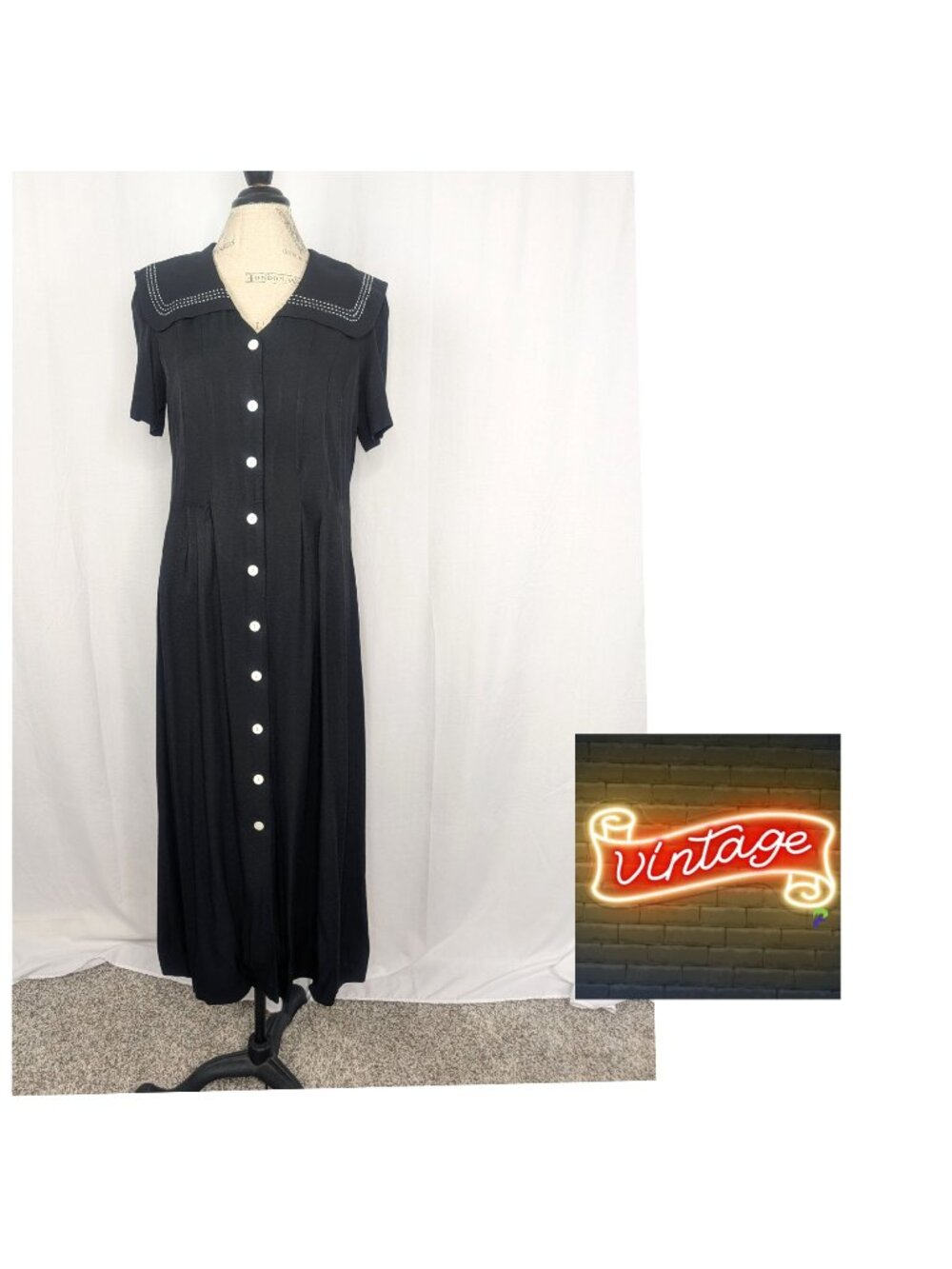 Vintage JBS Black Mid Length Dress Medium Button Sailor Bib